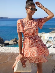 Friends Like These Red Animal Flutter Sleeve Chiffon Tiered Mini Dress - Image 4 of 4