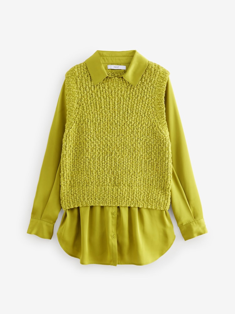 Lime Green Sleeveless Satin Shirt Layer Knitted Vest Jumper - Image 1 of 7 Lime Green Sleeveless Satin Shirt Layer Knitted Vest Jumper - Image 1 of 7