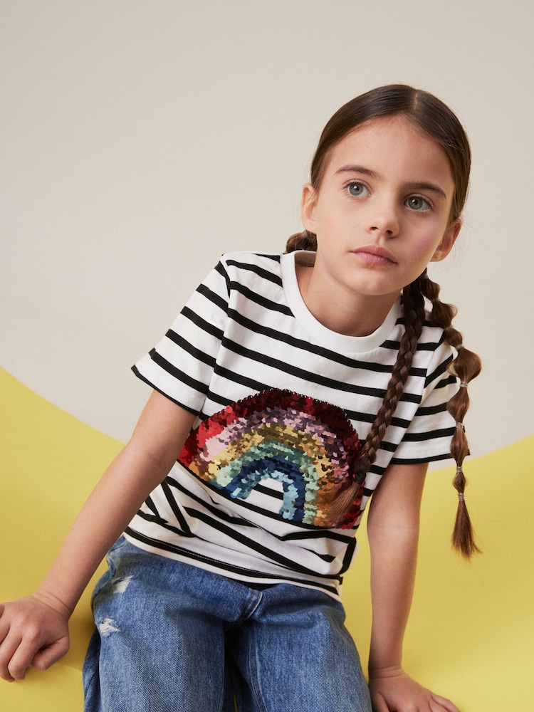 črna/bela - Sequin Rainbow Stripe 100% Cotton T-Shirt (3-16yrs) - Slika 2 iz 4