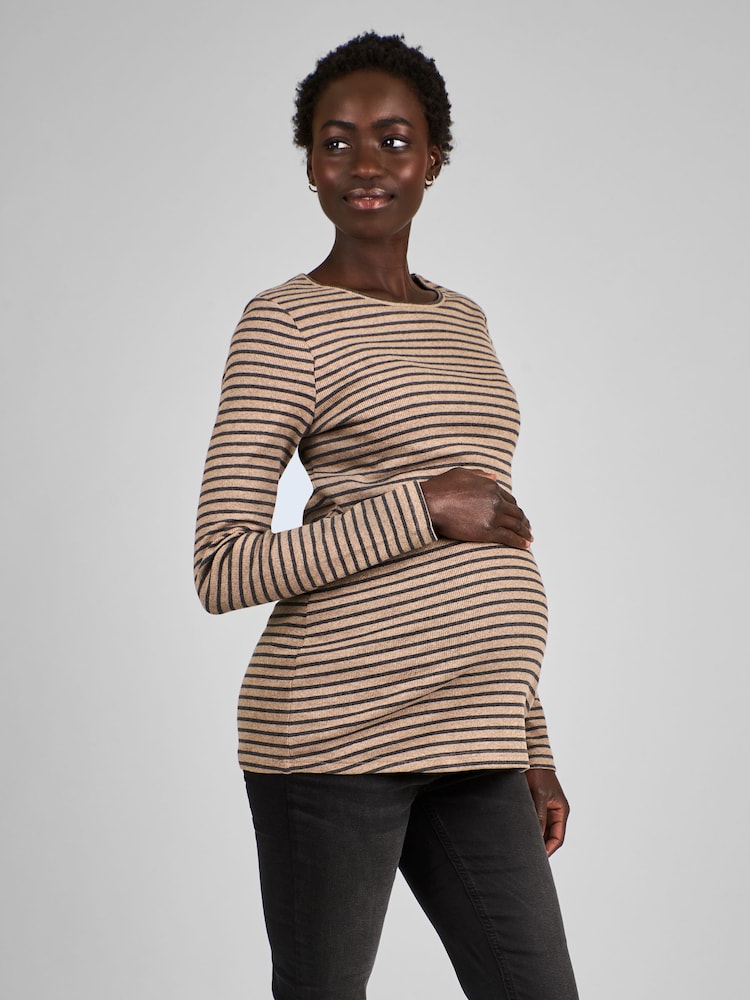 JoJo Maman Bébé Oatmeal & Black Stripe Ribbed Jersey Maternity & Nursing Top - Image 1 of 4