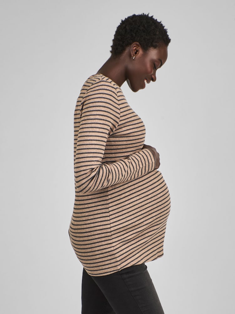 JoJo Maman Bébé Oatmeal & Black Stripe Ribbed Jersey Maternity & Nursing Top - Image 2 of 4