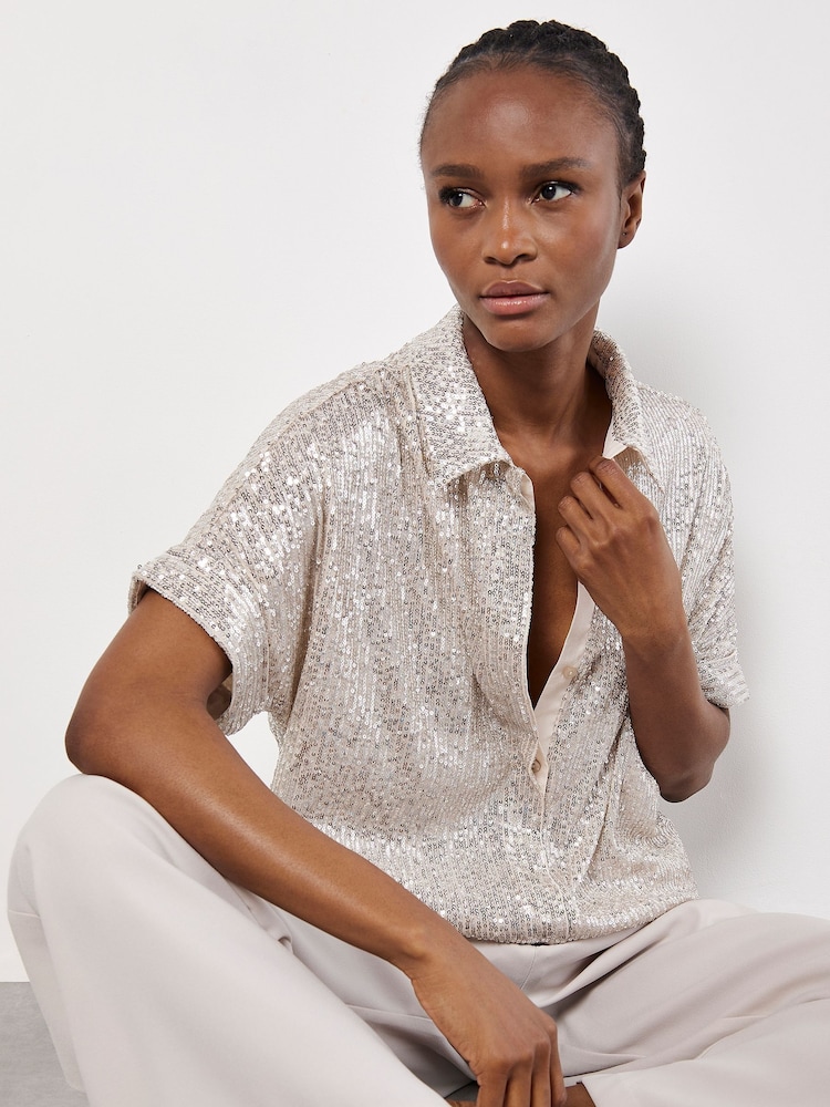 Apricot Silver Sequin Resort Shirt - Image 2 of 5