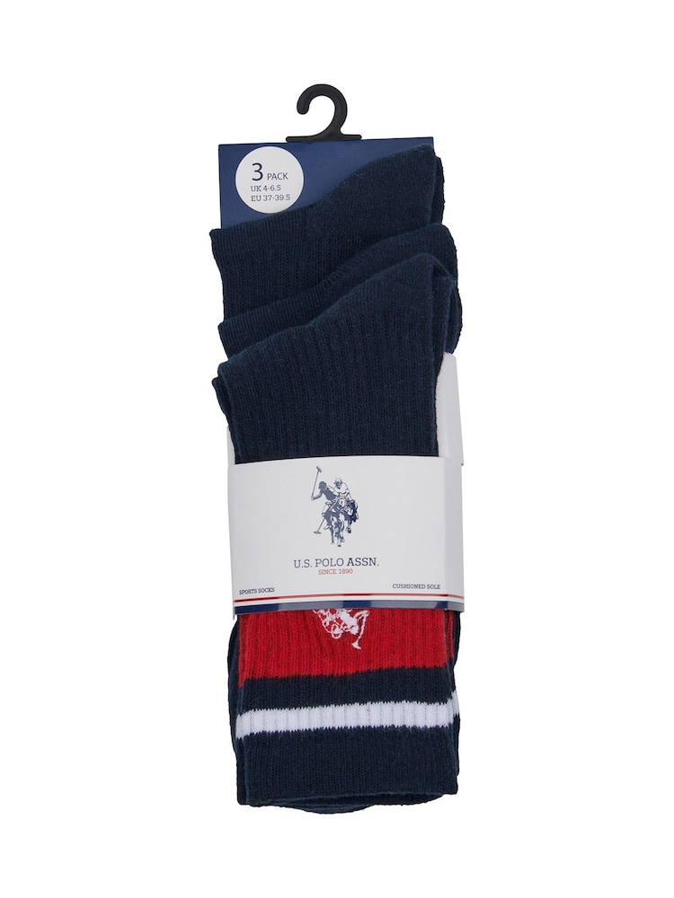 U.S. Polo Assn. Blue Brand Stripe Sports 100% Cotton Socks 3 Pack - Image 2 of 3