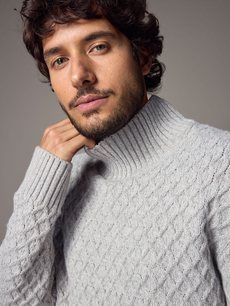 Light Grey Regular Fit Textured Turtle Neck Jumper with Wool - Image 1 of 9