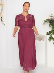 Yours Curve Burgundy Red London Occasion Lace Puff Sleeve Pleat Maxi Dress - Image 2 of 4