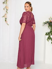 Yours Curve Burgundy Red London Occasion Lace Puff Sleeve Pleat Maxi Dress - Image 3 of 4