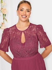 Yours Curve Burgundy Red London Occasion Lace Puff Sleeve Pleat Maxi Dress - Image 4 of 4