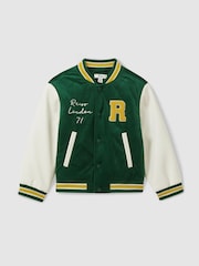 Reiss Forest Green Ward 13-14 yrs Hybrid Cord-Faux Leather Varsity Bomber Jacket - Image 1 of 5