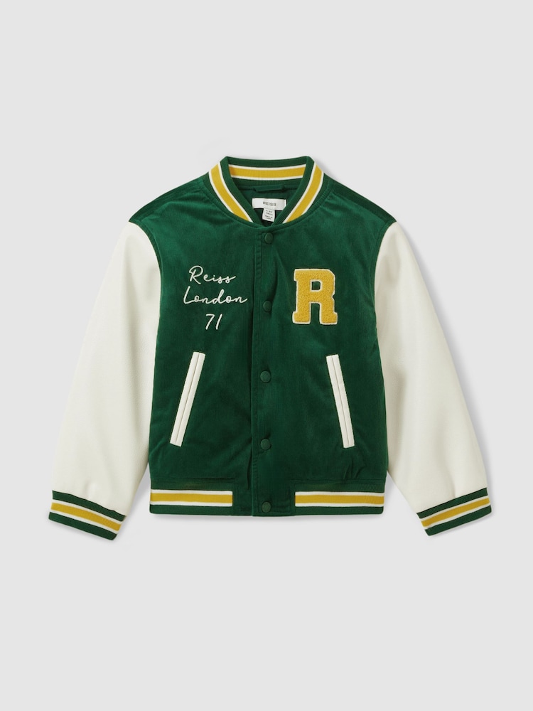 Reiss Forest Green Ward 13-14 yrs Hybrid Cord-Faux Leather Varsity Bomber Jacket - Image 1 of 5