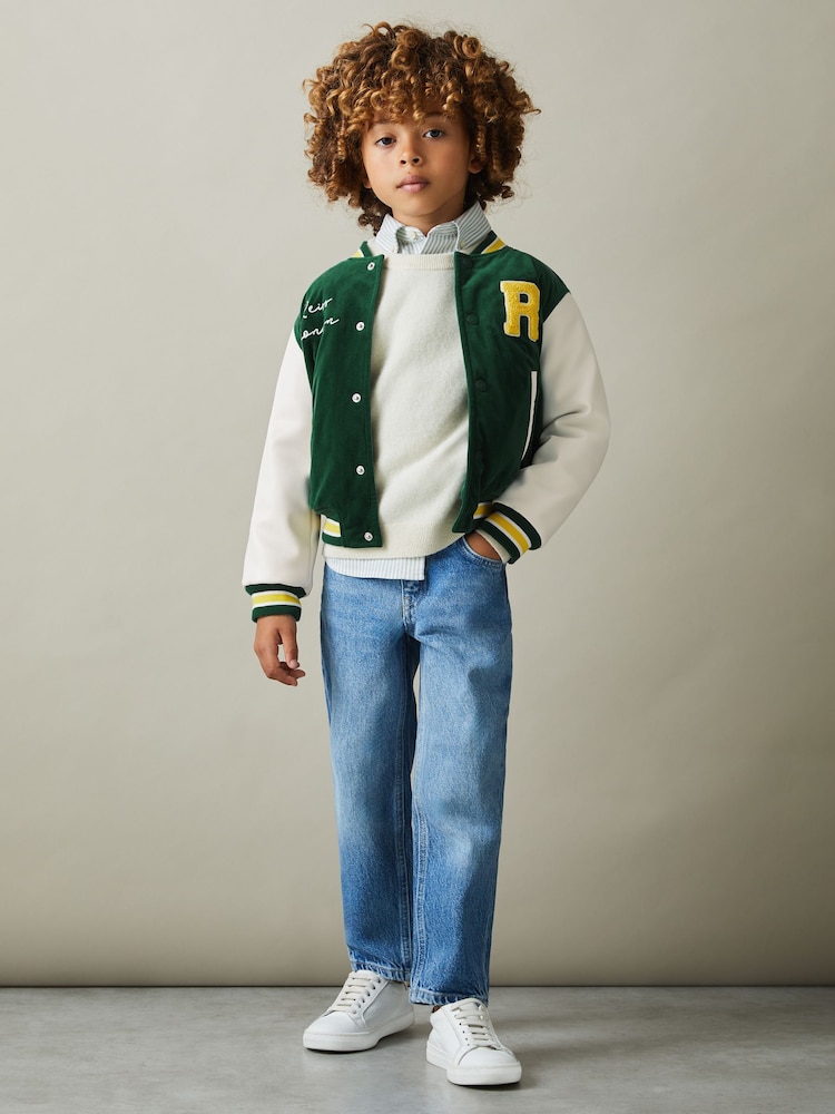Reiss Forest Green Ward 13-14 yrs Hybrid Cord-Faux Leather Varsity Bomber Jacket - Image 2 of 5