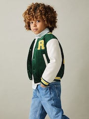 Reiss Forest Green Ward 13-14 yrs Hybrid Cord-Faux Leather Varsity Bomber Jacket - Image 4 of 5