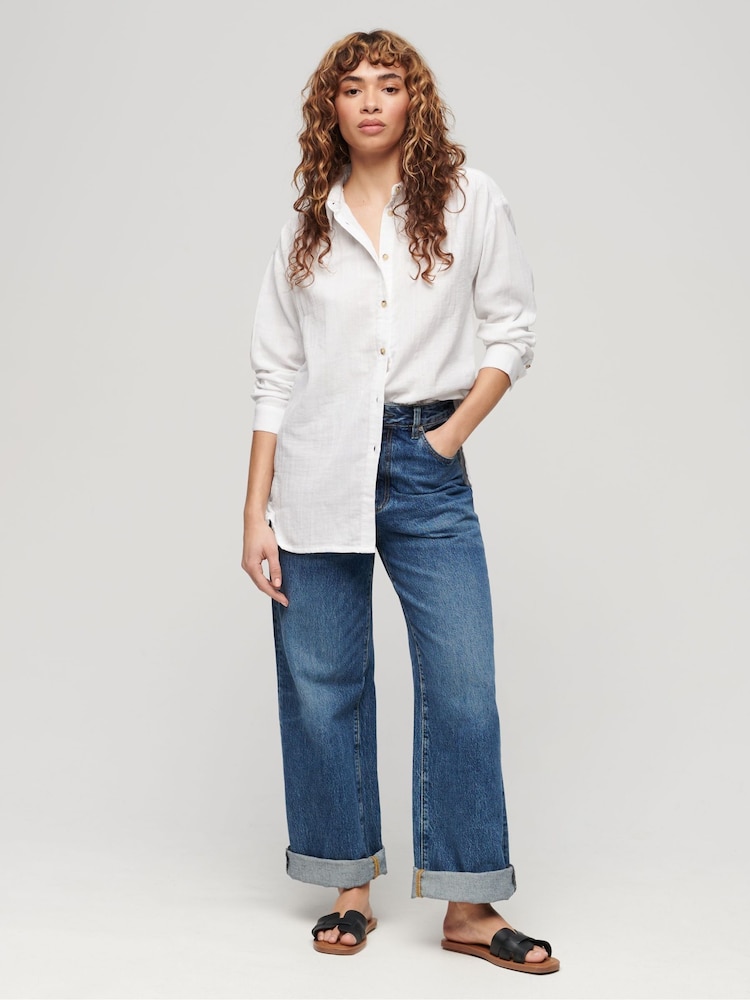 Superdry White 100% Cotton Longline Beach Shirt - Image 2 of 6