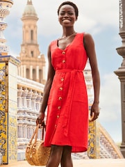 Sosandar Red Button Front Belted Linen Dress - Image 3 of 5