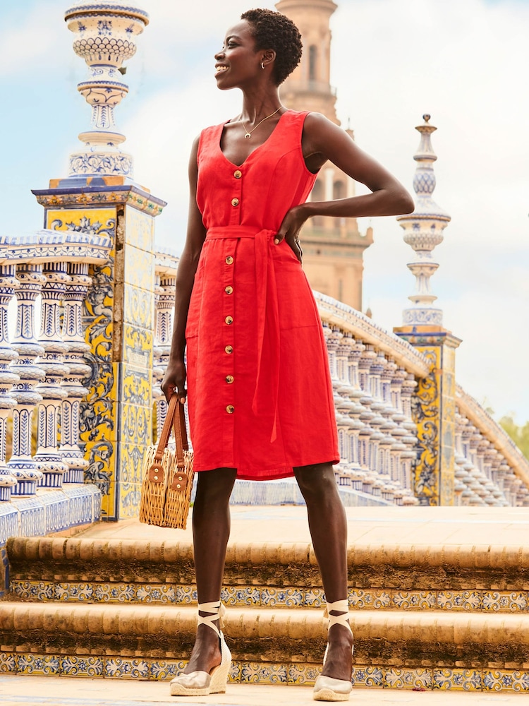 Sosandar Red Button Front Belted Linen Dress - Image 5 of 5
