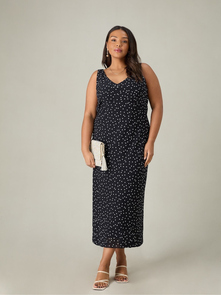 Live Unlimited Black Curve Petite Polka V-Neck Slip Dress - Image 1 of 5