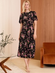 Love & Roses Black and Pink Floral Flutter Sleeve Wrap Front Jersey Midi Dress - Image 1 of 4