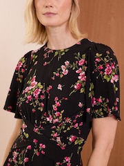 Love & Roses Black and Pink Floral Flutter Sleeve Wrap Front Jersey Midi Dress - Image 2 of 4
