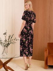 Love & Roses Black and Pink Floral Flutter Sleeve Wrap Front Jersey Midi Dress - Image 4 of 4