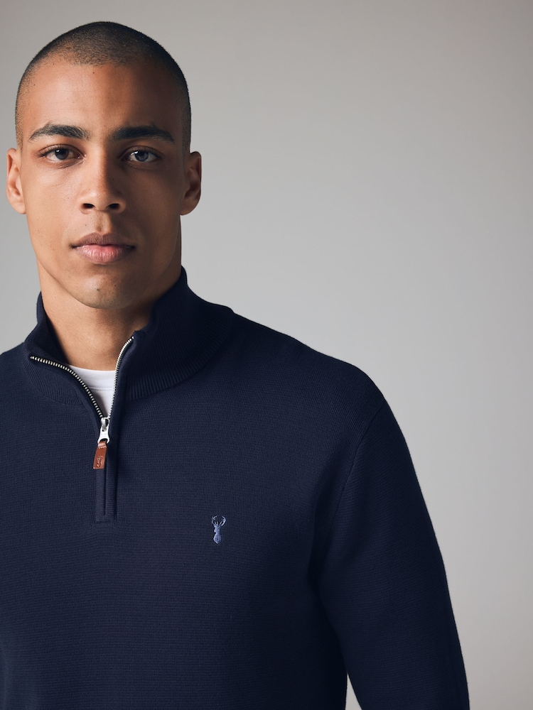 Navy Blue Stag Plain Regular Fit 100% Cotton Premium Quarter Zip Jumper - Image 3 of 7