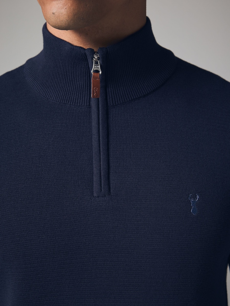 Navy Blue Stag Plain Regular Fit 100% Cotton Premium Quarter Zip Jumper - Image 4 of 7