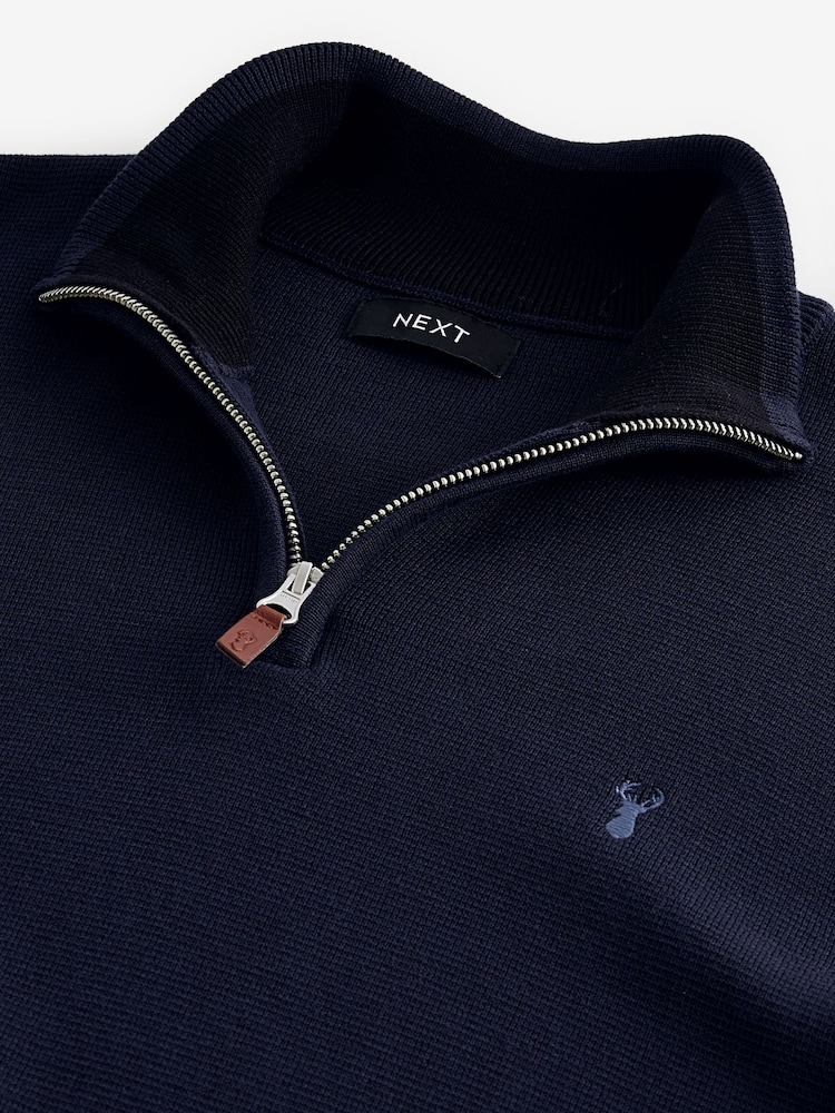 Navy Blue Stag Plain Regular Fit 100% Cotton Premium Quarter Zip Jumper - Image 6 of 7