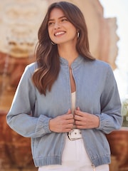 Sosandar Blue 100% Cotton Denim Bomber Jacket - Image 4 of 5
