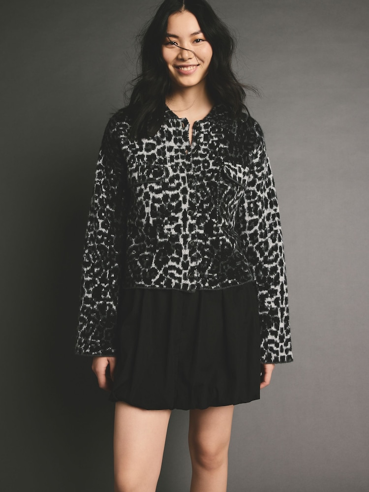 Animal Leopard Grey Patterned Button Through Knitted Cardigan Jacket - Image 1 of 8