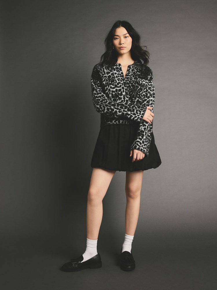 Animal Leopard Grey Patterned Button Through Knitted Cardigan Jacket - Image 2 of 8