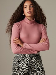 Rose Pink Long Sleeve Ribbed Roll Neck Bodysuit - Image 1 of 7