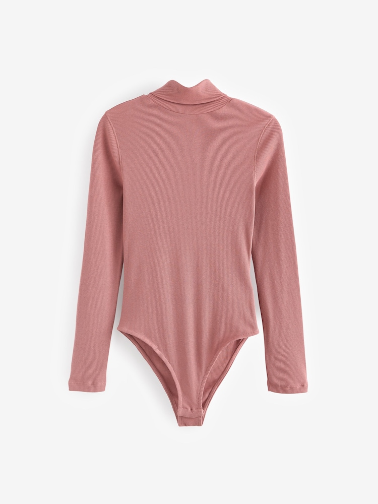 Rose Pink Long Sleeve Ribbed Roll Neck Bodysuit - Image 6 of 7