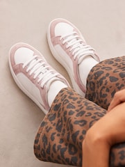 White/Pink Wide Fit Forever Comfort® Leather Retro Lace-Up Trainers - Image 1 of 8