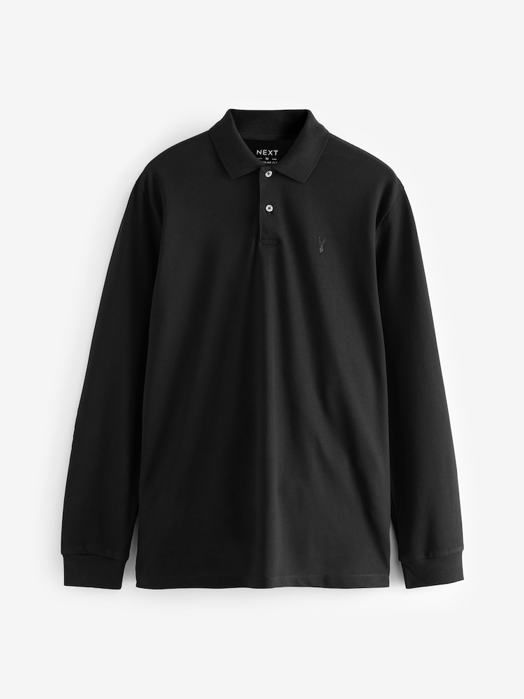 Black Long Sleeve Pique Polo Shirt - Image 6 of 8