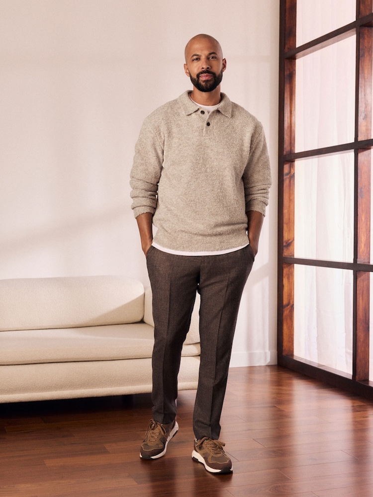 Neutral Relaxed Fit Bouclé Texture Polo Neck Jumper - Image 2 of 8