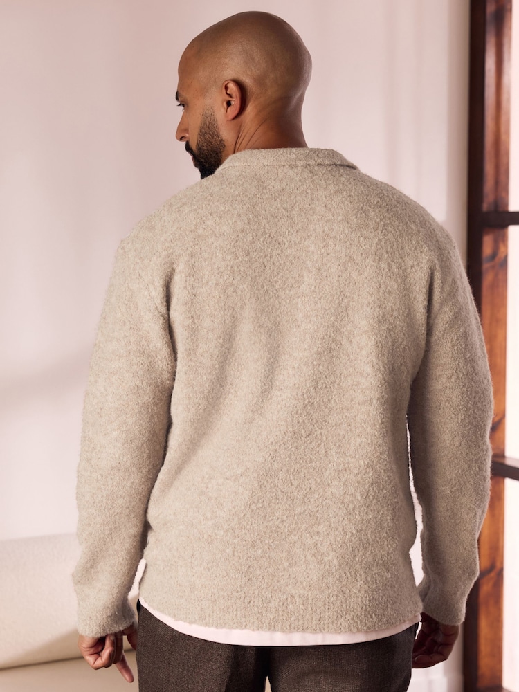 Neutral Relaxed Fit Bouclé Texture Polo Neck Jumper - Image 3 of 8