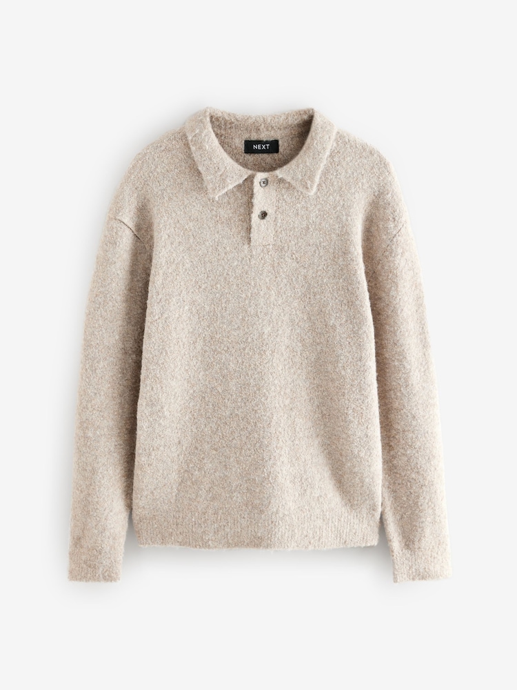 Neutral Relaxed Fit Bouclé Texture Polo Neck Jumper - Image 6 of 8