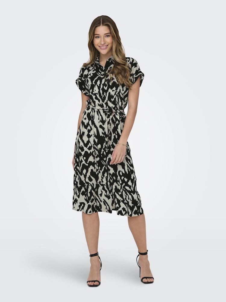 ONLY Cream Short Sleeve Printed Button Up Midi Shirt Dress - Image 1 of 6