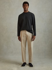 Reiss Washed Black Cube Cotton Crew Neck Long Sleeve T-Shirt - Image 1 of 6