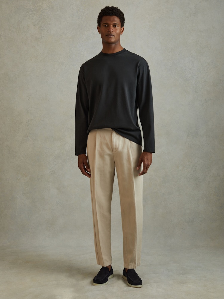 Reiss Washed Black Cube Cotton Crew Neck Long Sleeve T-Shirt - Image 1 of 6