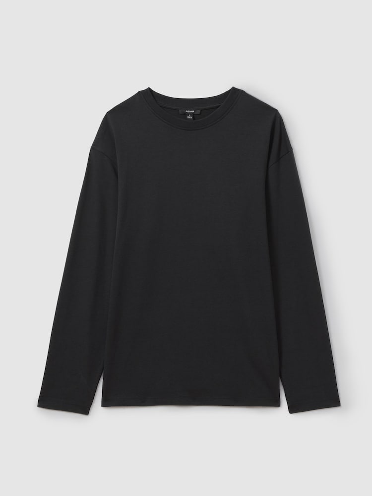 Reiss Washed Black Cube Cotton Crew Neck Long Sleeve T-Shirt - Image 2 of 6