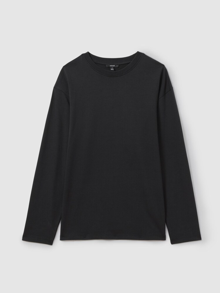 Reiss Washed Black Cube Cotton Crew Neck Long Sleeve T-Shirt - Image 2 of 6 Reiss Washed Black Cube Cotton Crew Neck Long Sleeve T-Shirt - Image 2 of 6