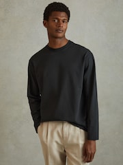 Reiss Washed Black Cube Cotton Crew Neck Long Sleeve T-Shirt - Image 3 of 6