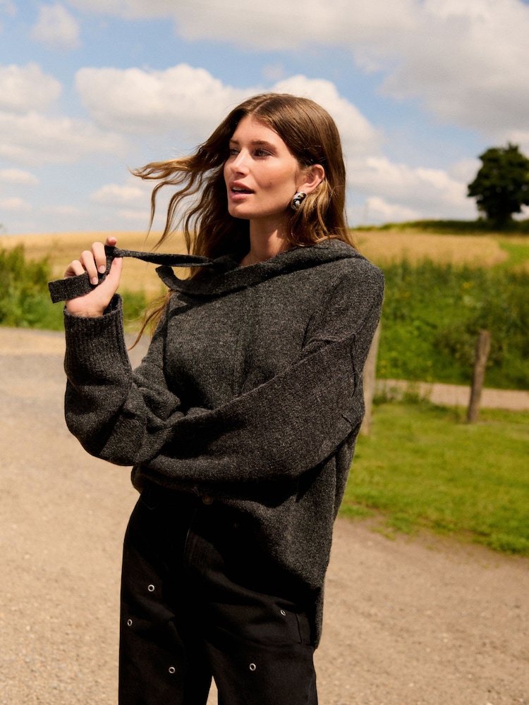 Charcoal Grey Relaxed Fit Oversized Knitted Hoodie Jumper - Image 1 of 7