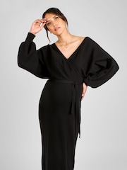 JoJo Maman Bébé Black Knitted Blouson Sleeve V-Neck Maternity Dress - Image 1 of 4