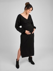 JoJo Maman Bébé Black Knitted Blouson Sleeve V-Neck Maternity Dress - Image 2 of 4