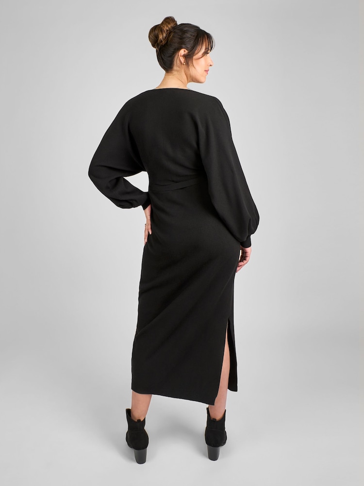 JoJo Maman Bébé Black Knitted Blouson Sleeve V-Neck Maternity Dress - Image 3 of 4