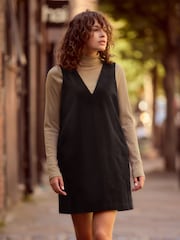 Black Corduroy Pinafore Short Sleeve Mini Dress - Image 1 of 8