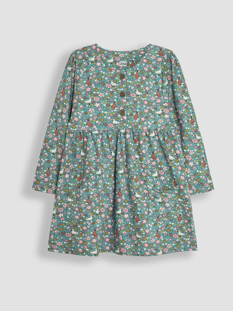 JoJo Maman Bébé Duck Egg Duck & Fox Floral Button Front Dress - Image 1 of 3