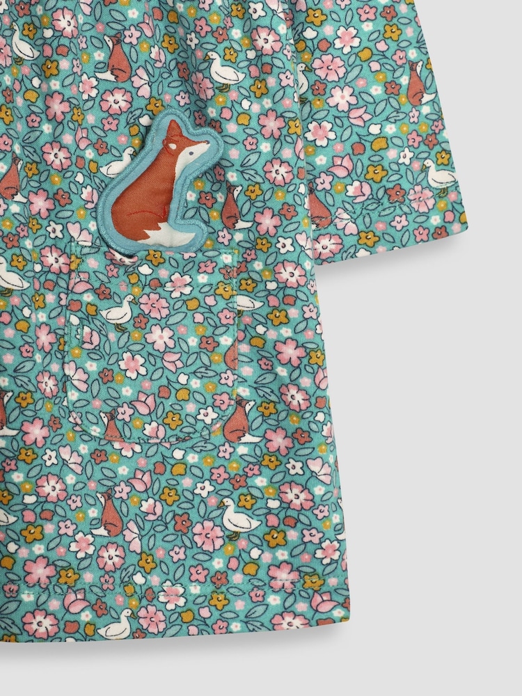 JoJo Maman Bébé Duck Egg Duck & Fox Floral Button Front Dress - Image 3 of 3