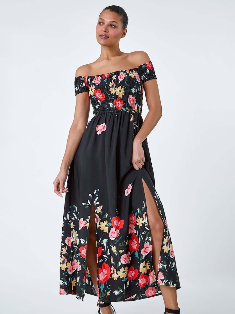 Roman Black Floral Shirred Bardot Maxi Dress - Image 3 of 5