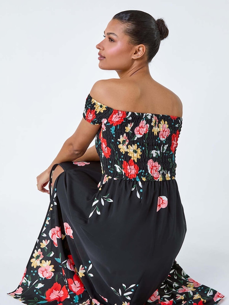 Roman Black Floral Shirred Bardot Maxi Dress - Image 4 of 5